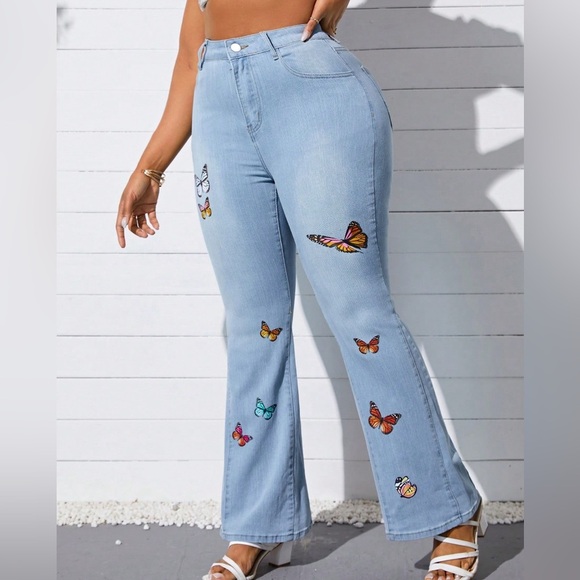 Casual Denim Pants High Waist Flare Leg Jeans with Pocket - Picture 1 of 5